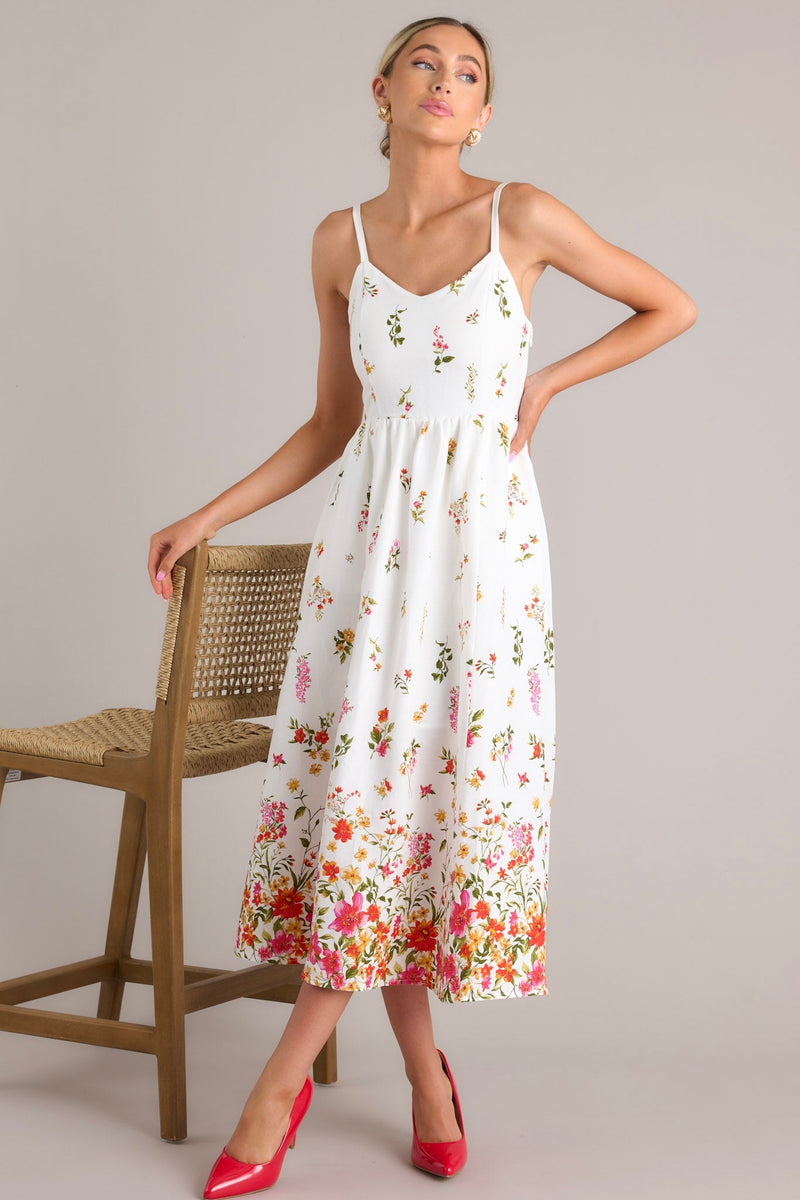 Botanical Queen Ivory Floral Linen Midi Dress