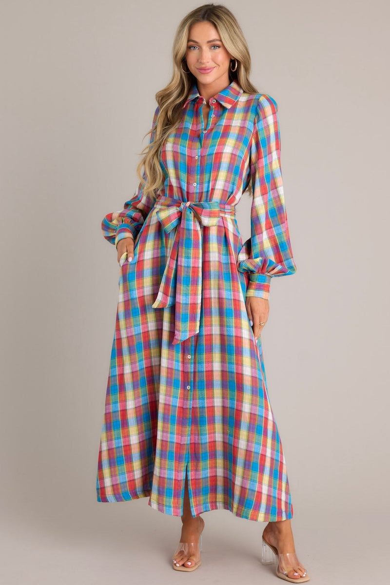 Closing That Door Blue Multi Plaid Maxi Dress