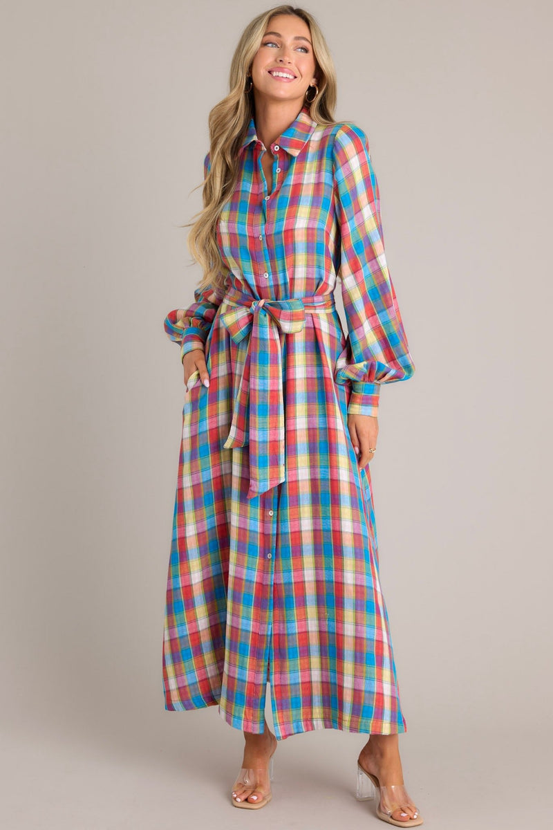 Closing That Door Blue Multi Plaid Maxi Dress