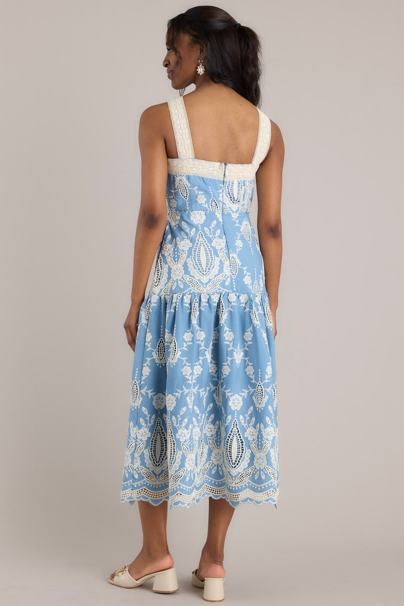 Forever Remembered Ash Blue Floral Embroidered Midi Dress