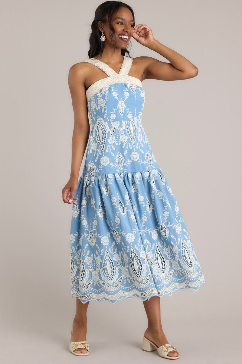 Forever Remembered Ash Blue Floral Embroidered Midi Dress