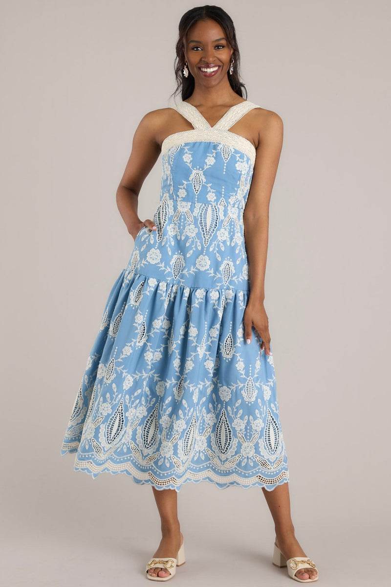 Forever Remembered Ash Blue Floral Embroidered Midi Dress