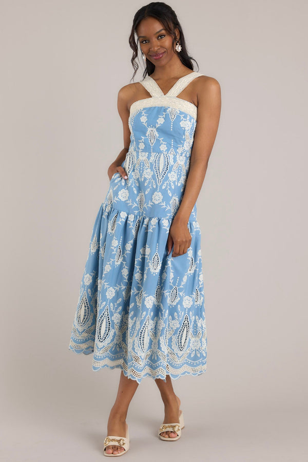 Forever Remembered Ash Blue Floral Embroidered Midi Dress