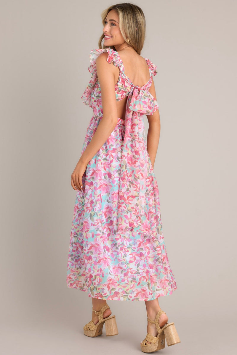 Garden Gala Pink Floral Ruffle Sleeve Midi Dress