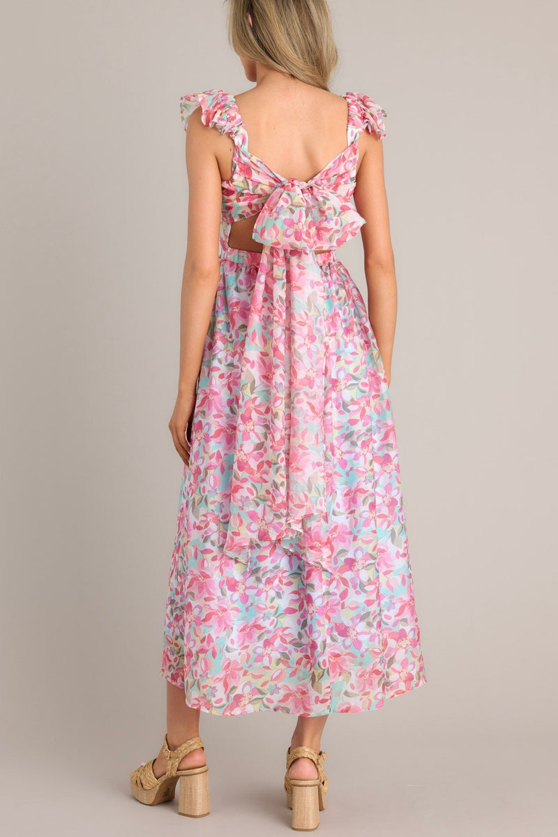 Garden Gala Pink Floral Ruffle Sleeve Midi Dress