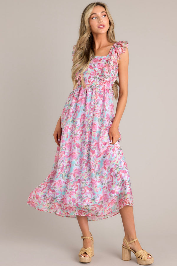 Garden Gala Pink Floral Ruffle Sleeve Midi Dress