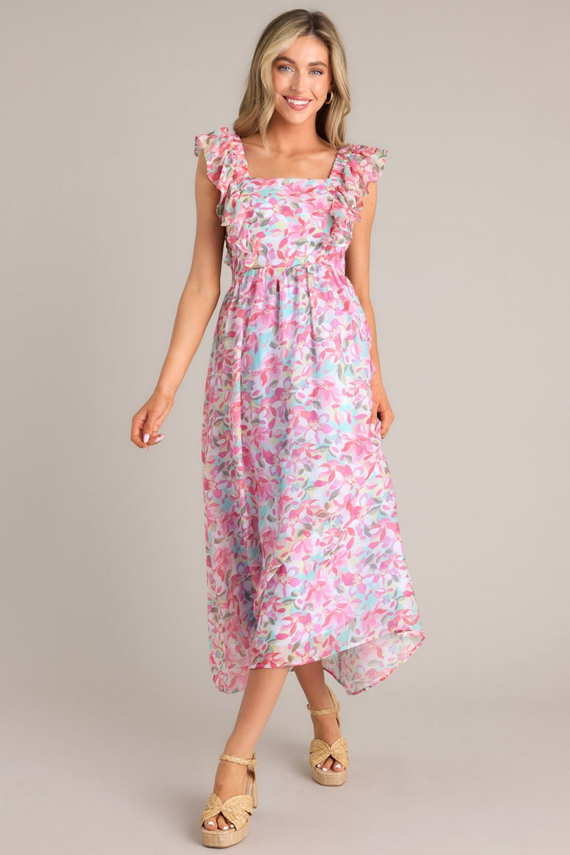 Garden Gala Pink Floral Ruffle Sleeve Midi Dress