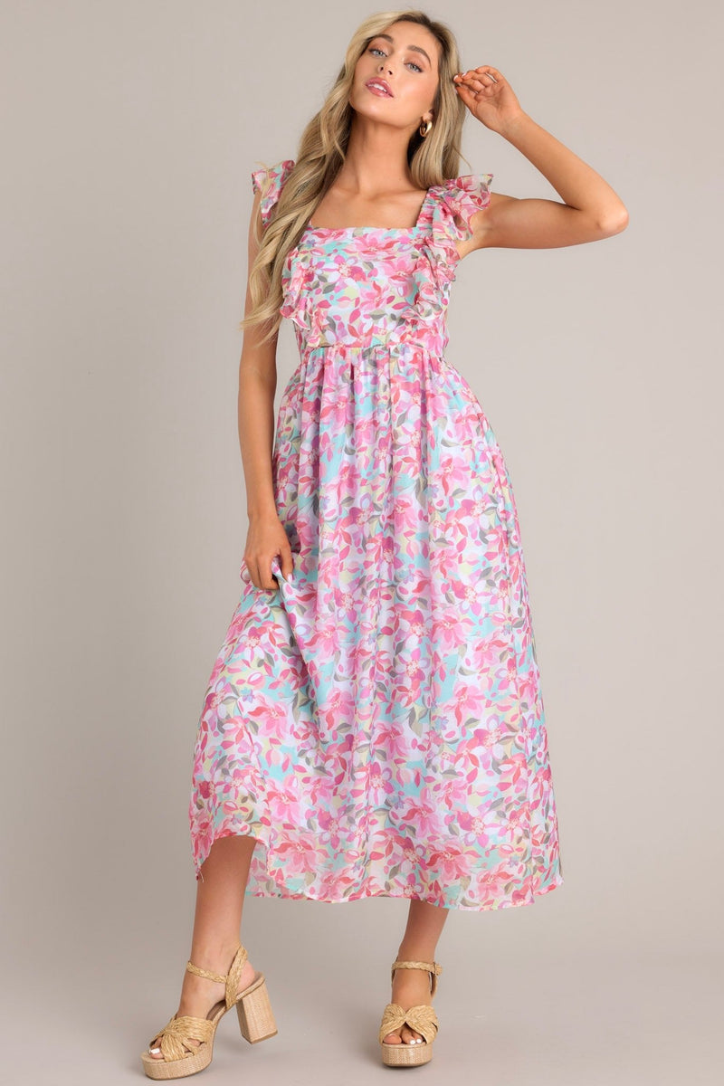 Garden Gala Pink Floral Ruffle Sleeve Midi Dress