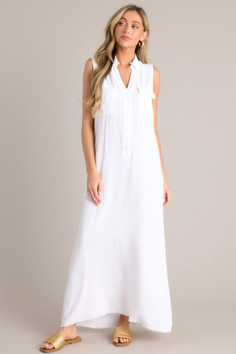 Harbor Breeze White Collared Sleeveless Maxi Dress