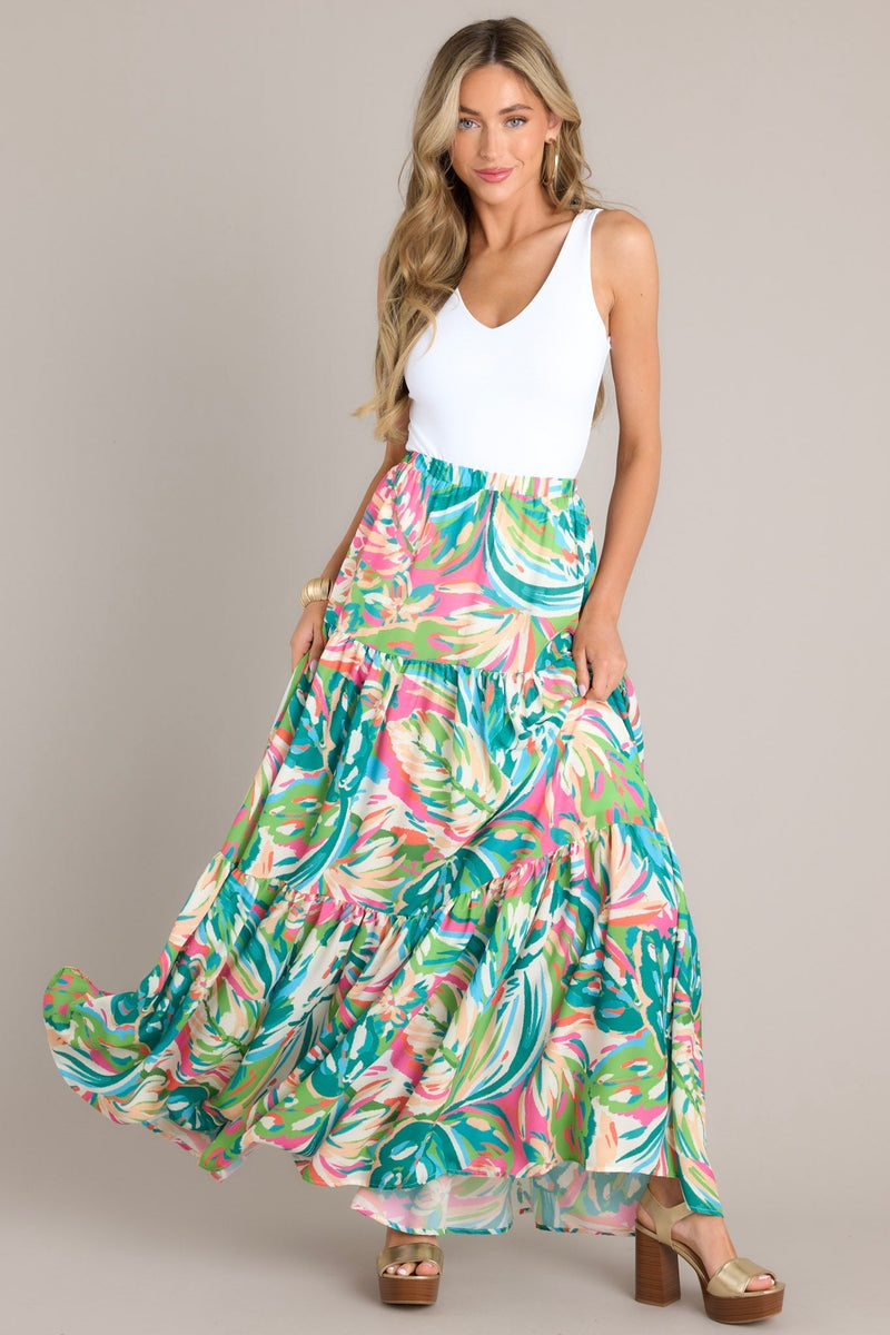 Oceanic Mirage Teal Tropical Print Maxi Skirt