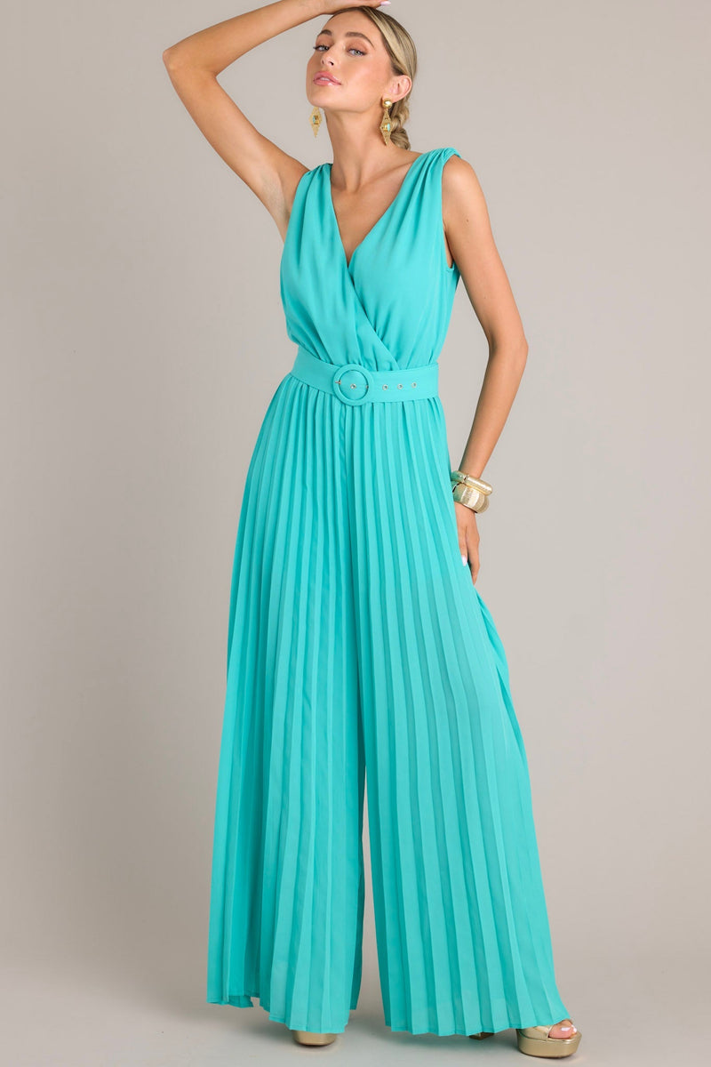 Paradise Haven Aqua Belted Jumpsuit